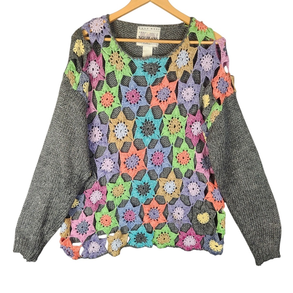 Vintage Crochet Patchwork Sweater Large Multicolor Open-Knit Hand Made Slouchy